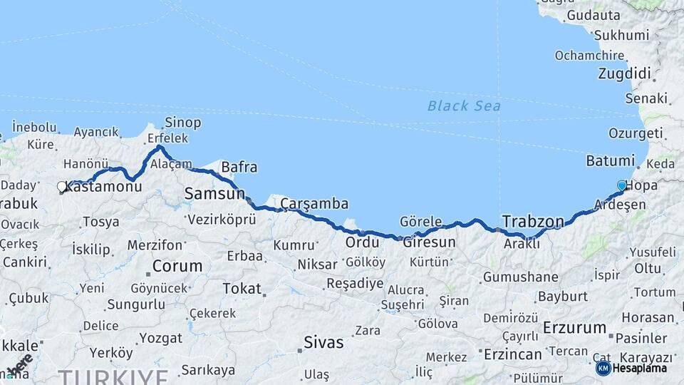Artvin Hopa Kastamonu Arası Kaç Km - Yol Haritası
