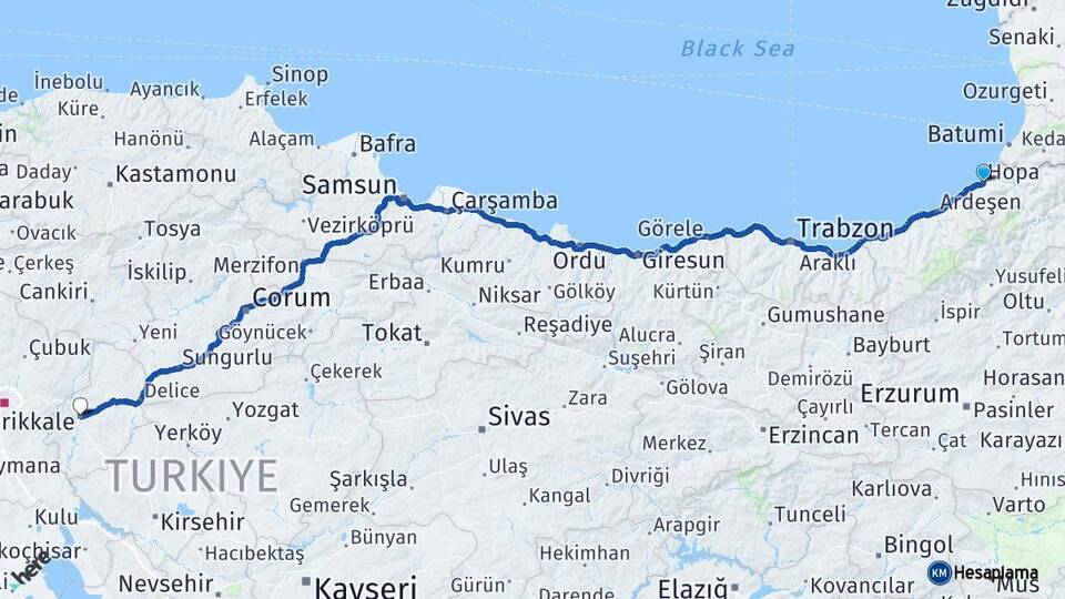 Artvin Hopa Kırıkkale Arası Kaç Km - Yol Haritası