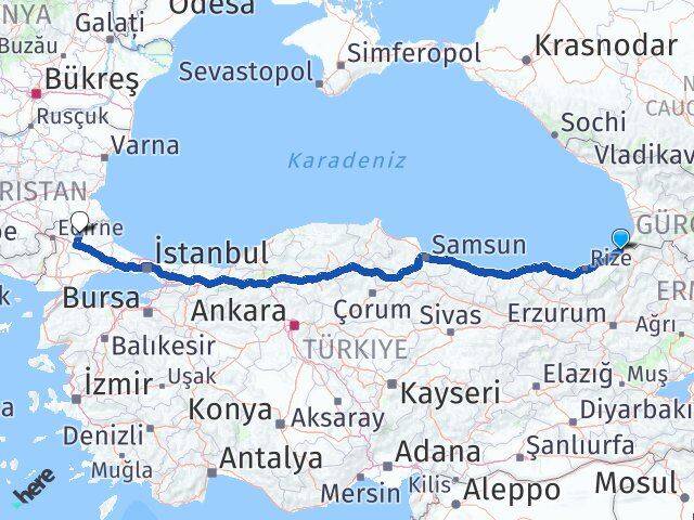 Artvin Hopa Kırklareli Arası Kaç Km - Yol Haritası