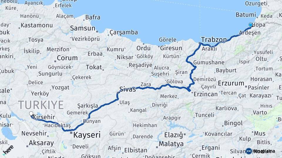 Artvin Hopa Kırşehir Arası Kaç Km - Yol Haritası