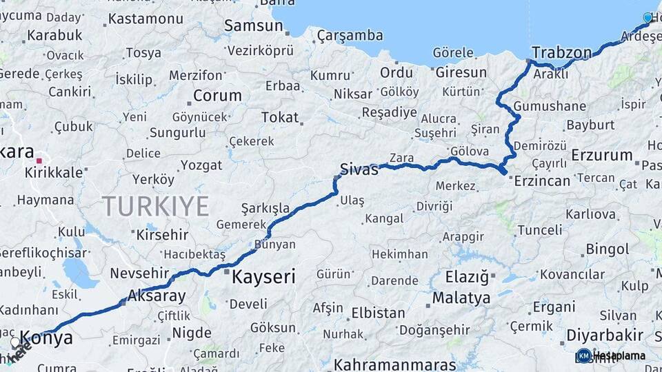 Artvin Hopa Konya Arası Kaç Km - Yol Haritası