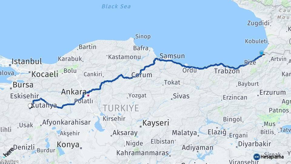 Artvin Hopa Kütahya Arası Kaç Km - Yol Haritası