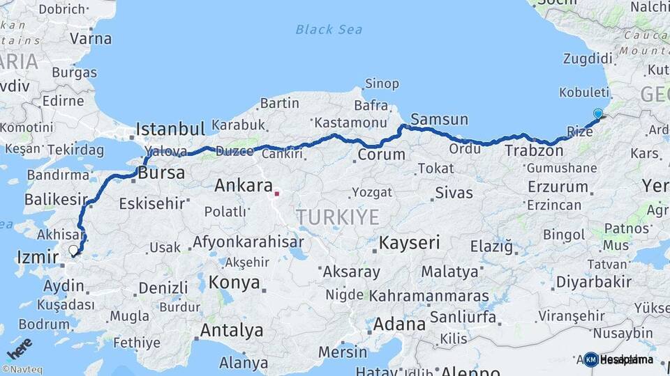 Artvin Hopa Manisa Arası Kaç Km - Yol Haritası