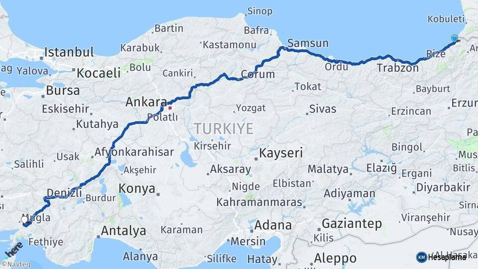Artvin Hopa Muğla Arası Kaç Km - Yol Haritası