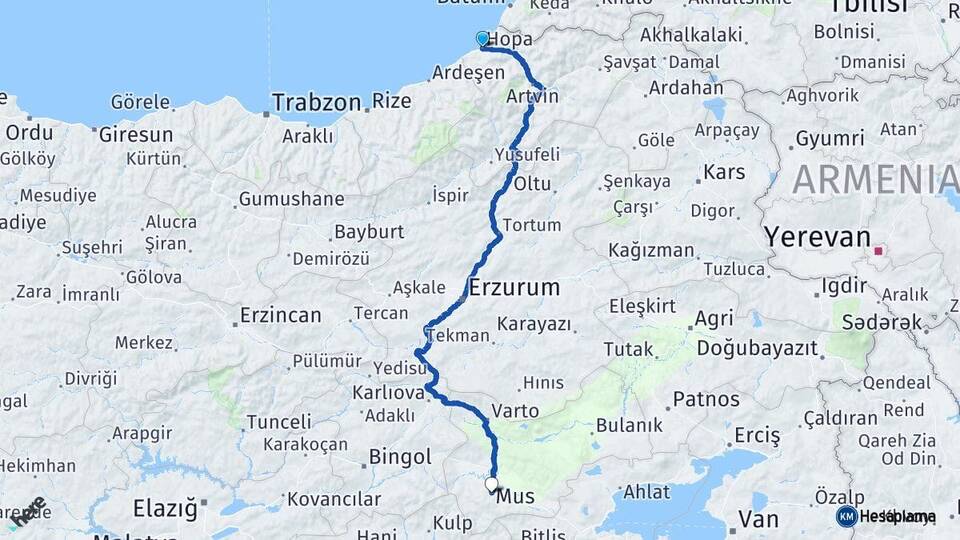 Artvin Hopa Muş Arası Kaç Km - Yol Haritası