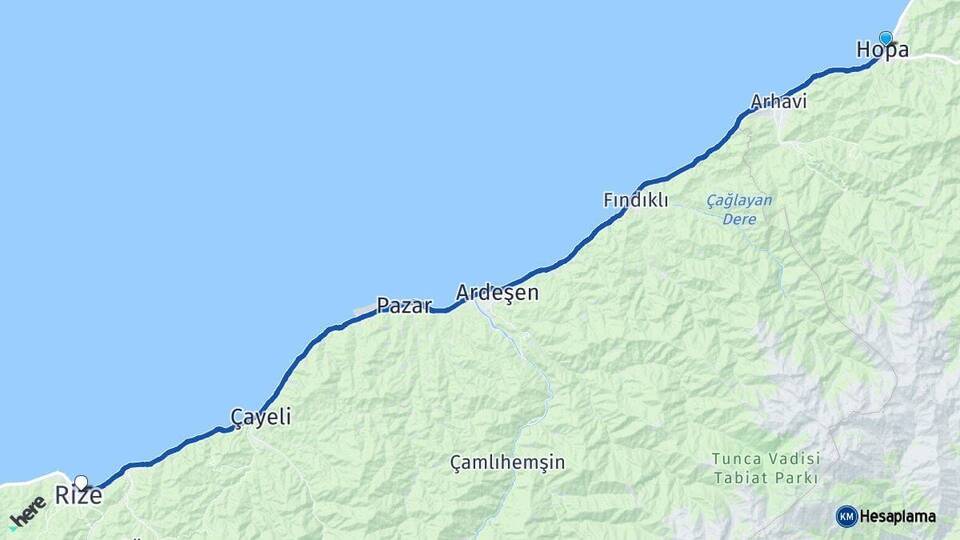 Artvin Hopa Rize Arası Kaç Km - Yol Haritası