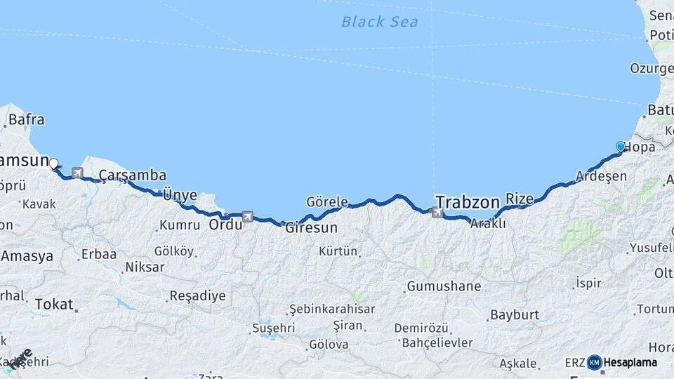 Artvin Hopa Samsun Arası Kaç Km - Yol Haritası