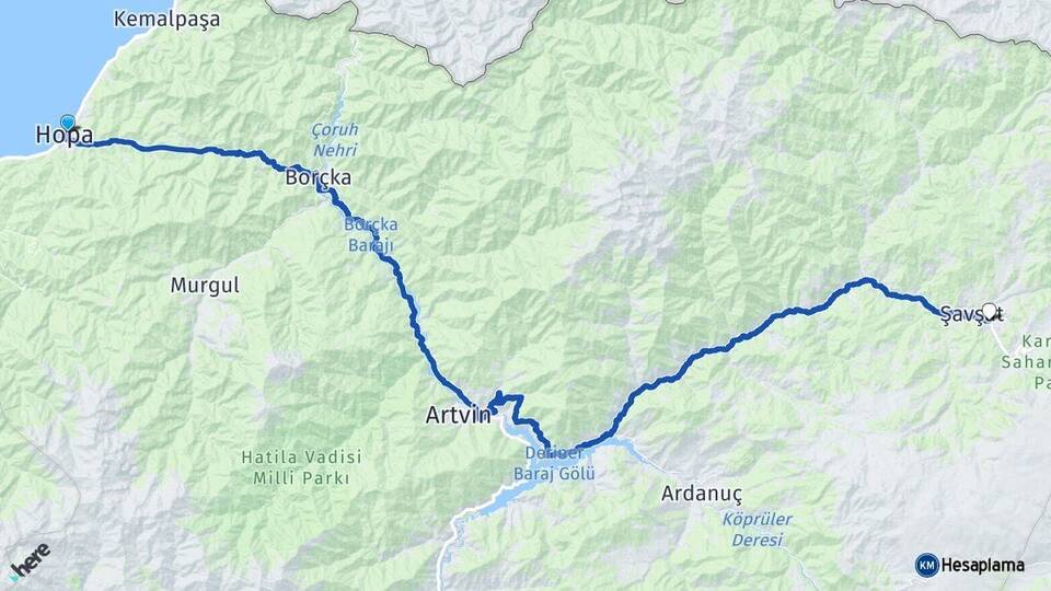 Artvin Hopa Şavşat Arası Kaç Km - Yol Haritası