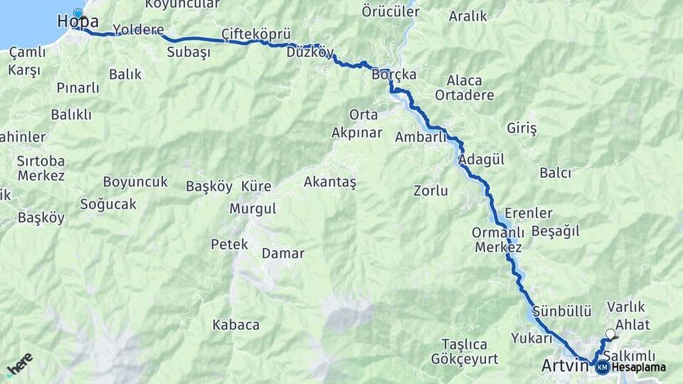 Artvin Hopa Seyitler Arası Kaç Km - Yol Haritası