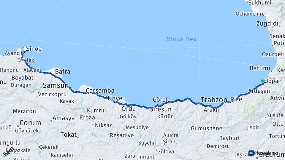 Artvin Hopa Sinop Arası Kaç Km - Yol Haritası