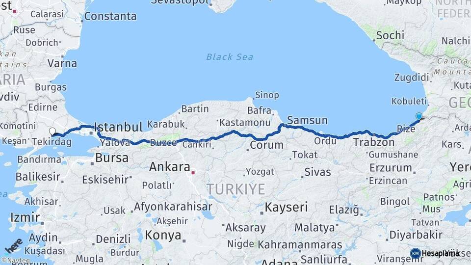 Artvin Hopa Tekirdağ Arası Kaç Km - Yol Haritası