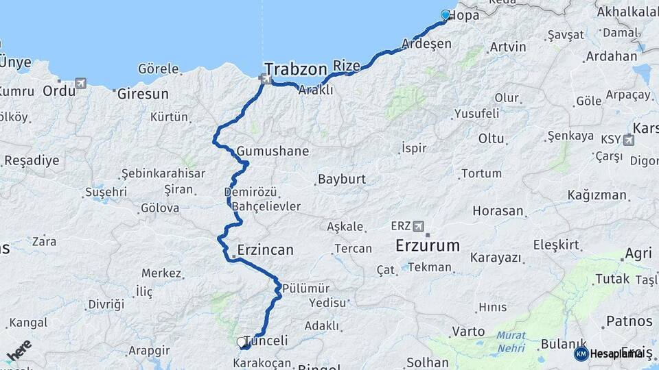 Artvin Hopa Tunceli Arası Kaç Km - Yol Haritası