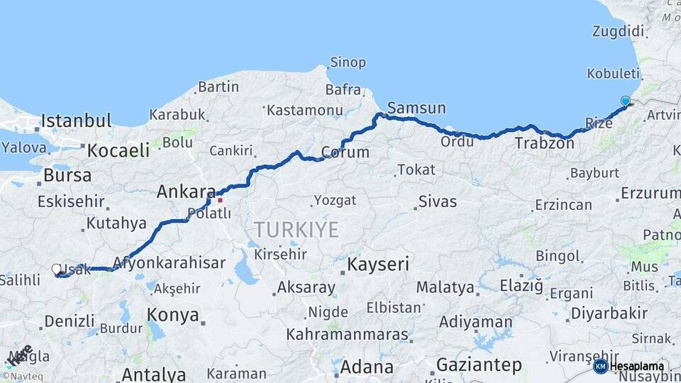 Artvin Hopa Uşak Arası Kaç Km - Yol Haritası
