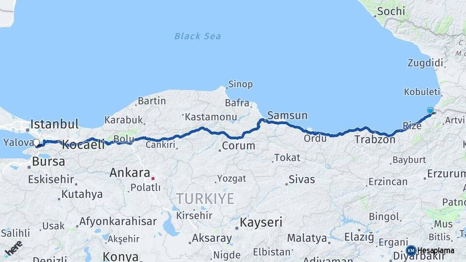 Artvin Hopa Yalova Arası Kaç Km - Yol Haritası