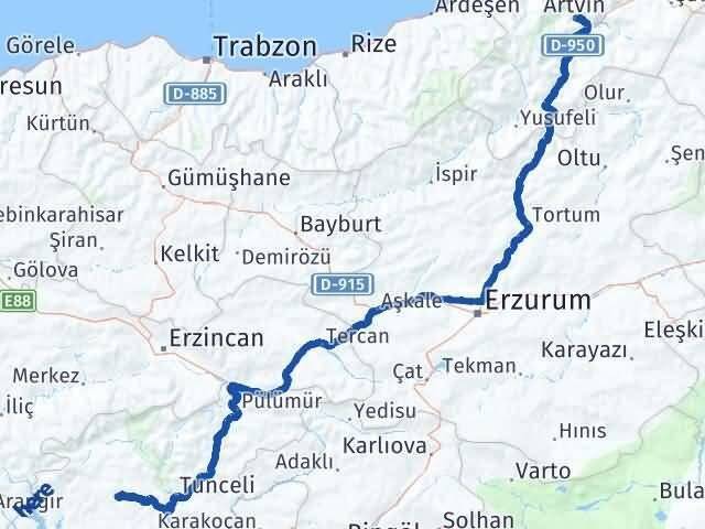 Artvin Hozat Tunceli Arası Kaç Km - Yol Haritası