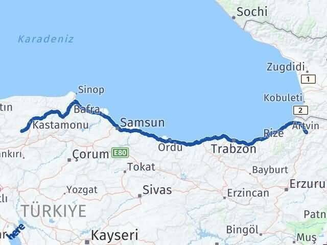 Artvin İhsangazi Kastamonu Arası Kaç Km - Yol Haritası