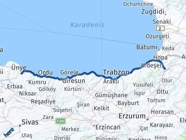 Artvin İkizce Ordu Arası Kaç Km - Yol Haritası