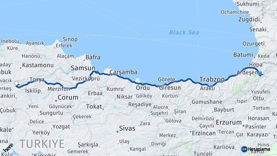 Artvin Ilgaz Çankırı Arası Kaç Km - Yol Haritası