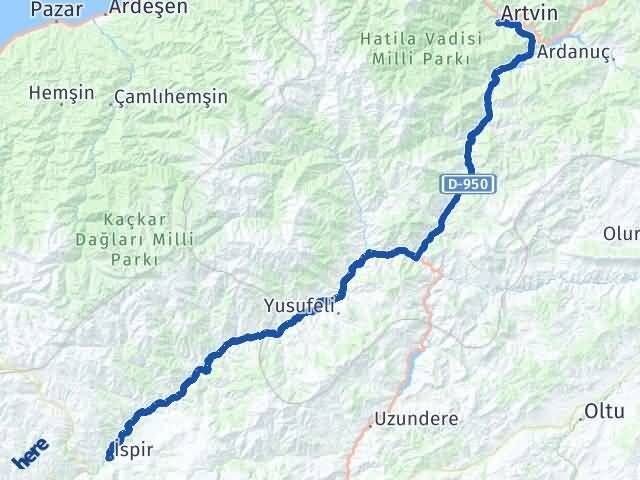 Artvin İspir Erzurum Arası Kaç Km - Yol Haritası