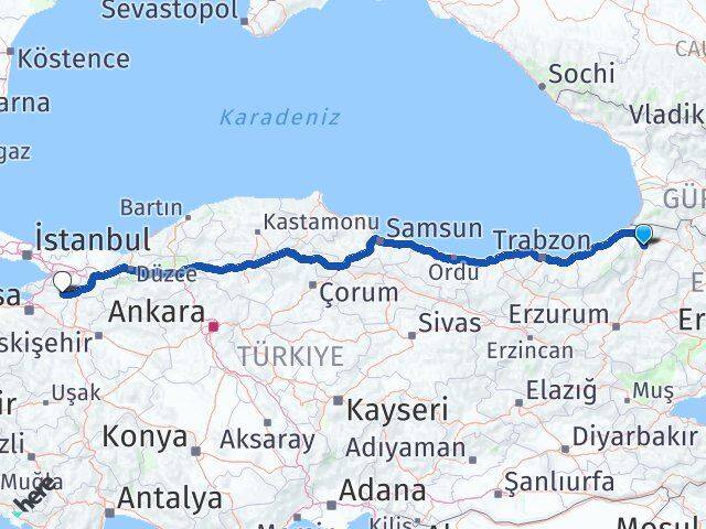 Artvin İznik Bursa Arası Kaç Km - Yol Haritası