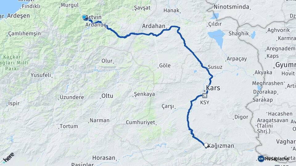 Artvin Kağızman Kars Arası Kaç Km - Yol Haritası