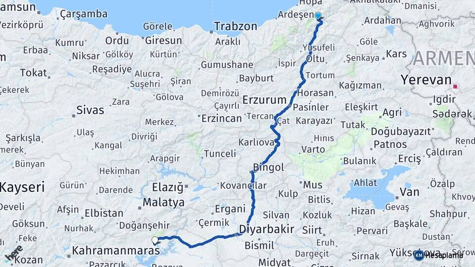 Artvin Kahta Adıyaman Arası Kaç Km - Yol Haritası