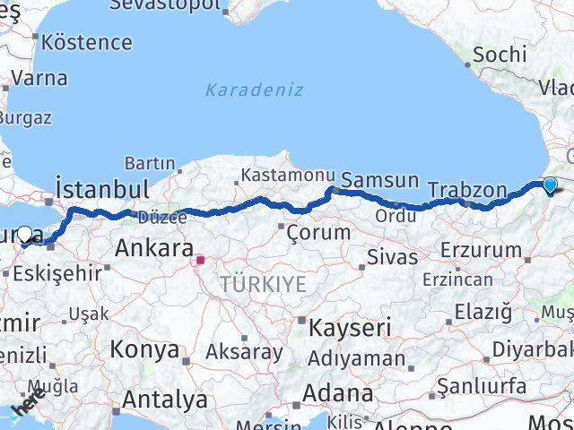 Artvin Karacabey Bursa Arası Kaç Km - Yol Haritası