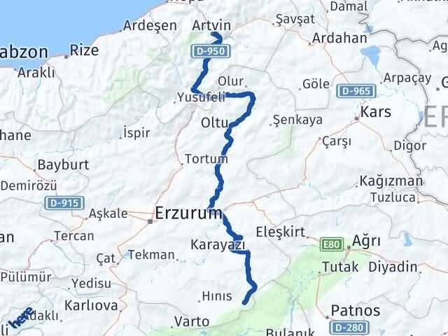 Artvin Karaçoban Erzurum Arası Kaç Km - Yol Haritası