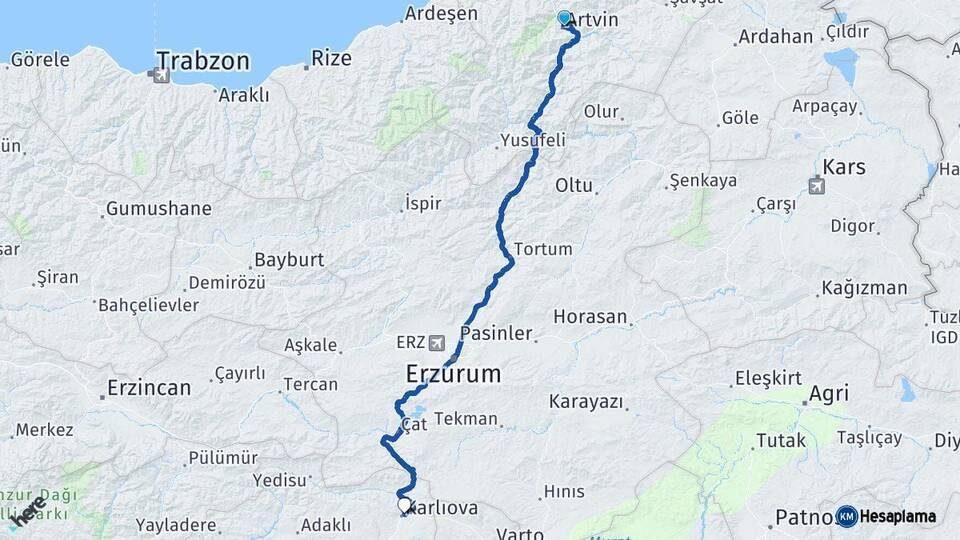 Artvin Karlıova Bingöl Arası Kaç Km - Yol Haritası