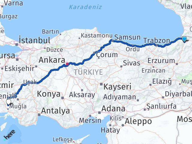 Artvin Kavaklıdere Muğla Arası Kaç Km - Yol Haritası