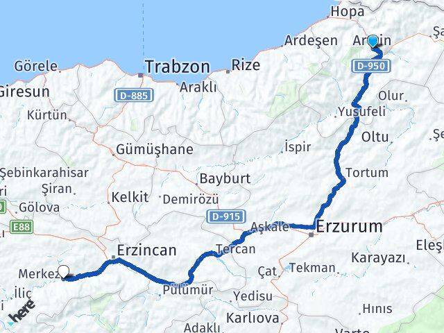 Artvin Kemah Erzincan Arası Kaç Km - Yol Haritası