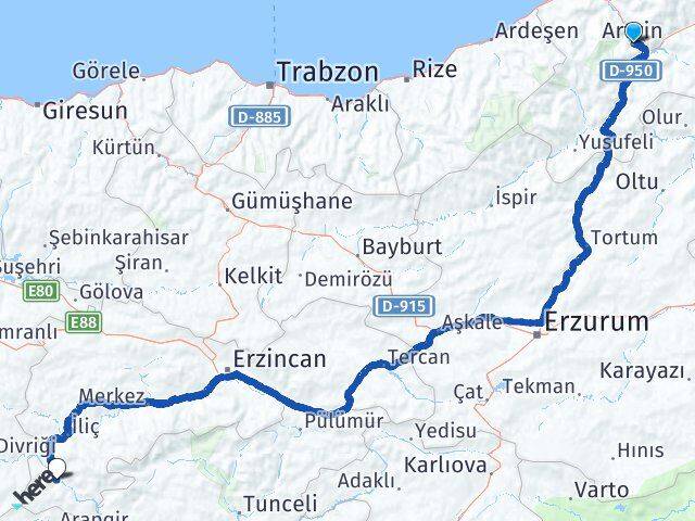 Artvin Kemaliye Erzincan Arası Kaç Km - Yol Haritası