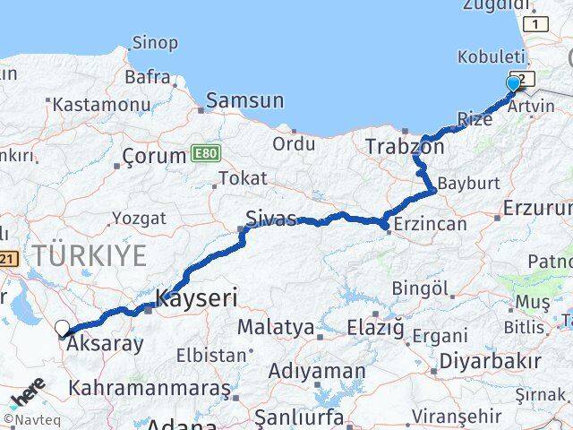 Artvin Kemalpaşa Aksaray Arası Kaç Km - Yol Haritası
