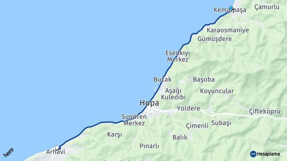 Artvin Kemalpaşa Arhavi Arası Kaç Km - Yol Haritası