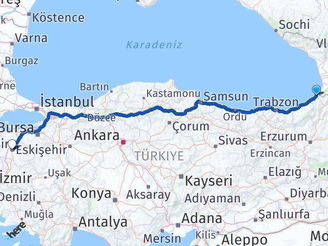 Artvin Kemalpaşa Balıkesir Arası Kaç Km - Yol Haritası