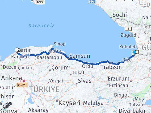 Artvin Kemalpaşa Bartın Arası Kaç Km - Yol Haritası