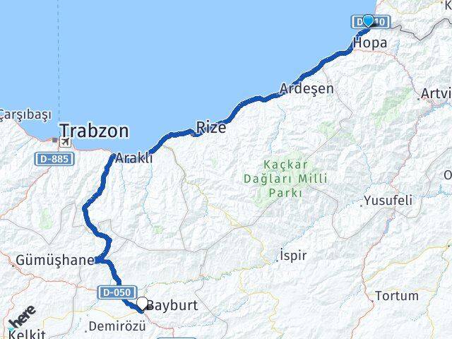 Artvin Kemalpaşa Bayburt Arası Kaç Km - Yol Haritası