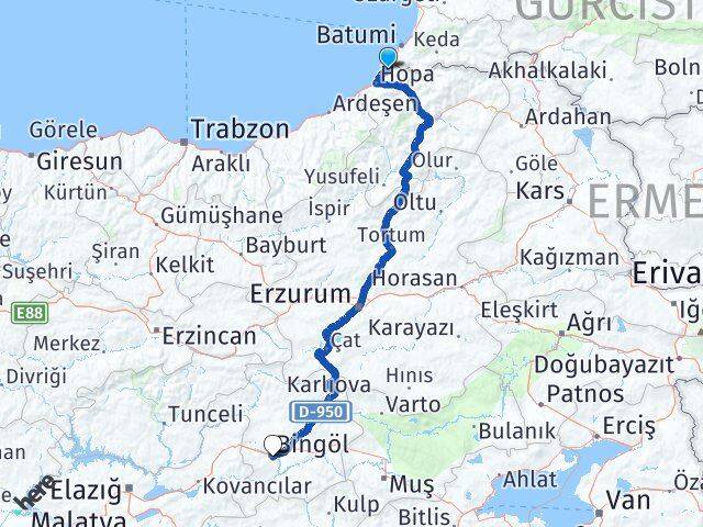 Artvin Kemalpaşa Bingöl Arası Kaç Km - Yol Haritası