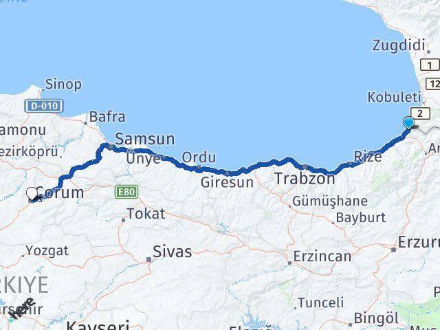 Artvin Kemalpaşa Çorum Arası Kaç Km - Yol Haritası