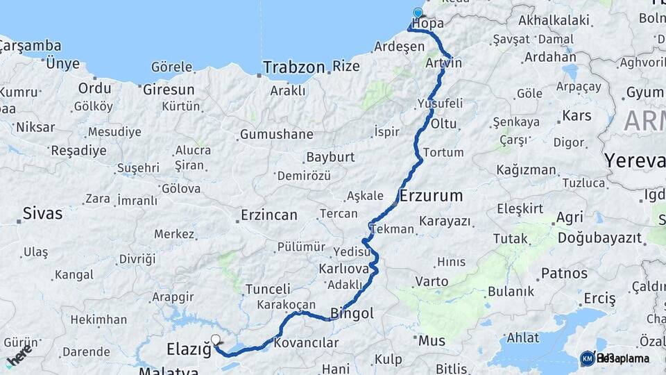 Artvin Kemalpaşa Elazığ Arası Kaç Km - Yol Haritası