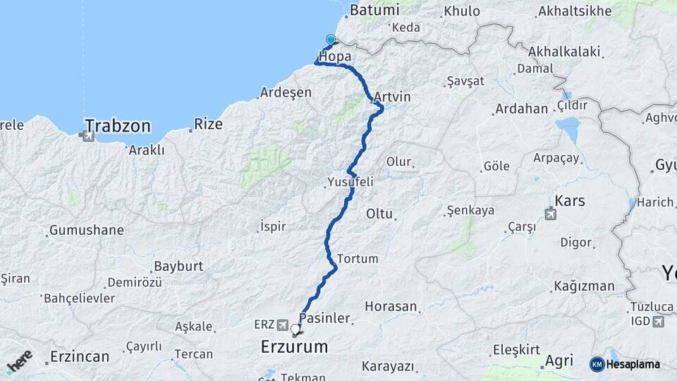 Artvin Kemalpaşa Erzurum Arası Kaç Km - Yol Haritası