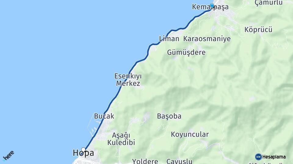 Artvin Kemalpaşa Hopa Arası Kaç Km - Yol Haritası