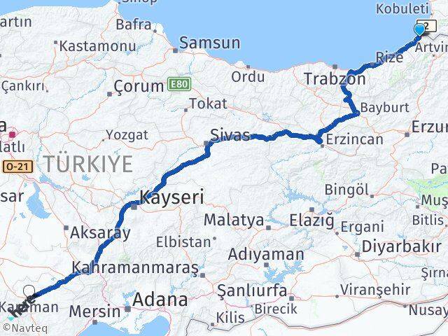 Artvin Kemalpaşa Karaman Arası Kaç Km - Yol Haritası