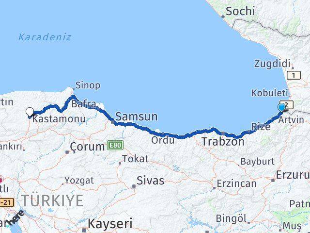 Artvin Kemalpaşa Kastamonu Arası Kaç Km - Yol Haritası