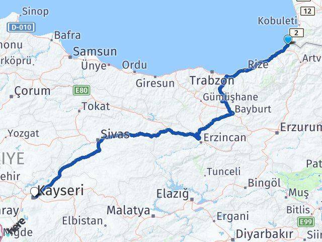Artvin Kemalpaşa Kayseri Arası Kaç Km - Yol Haritası