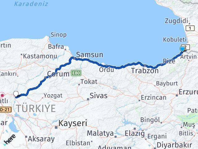 Artvin Kemalpaşa Kırıkkale Arası Kaç Km - Yol Haritası