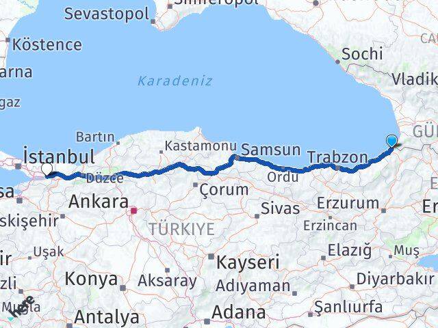 Artvin Kemalpaşa Kocaeli Arası Kaç Km - Yol Haritası