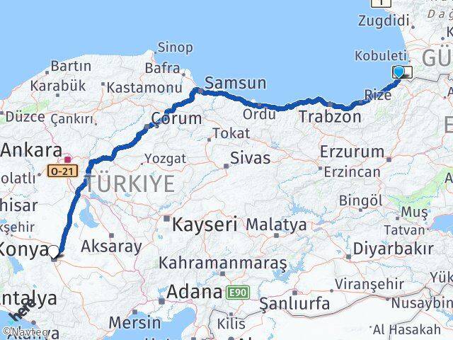 Artvin Kemalpaşa Konya Arası Kaç Km - Yol Haritası