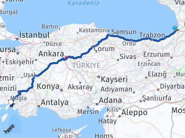 Artvin Kemalpaşa Muğla Arası Kaç Km - Yol Haritası
