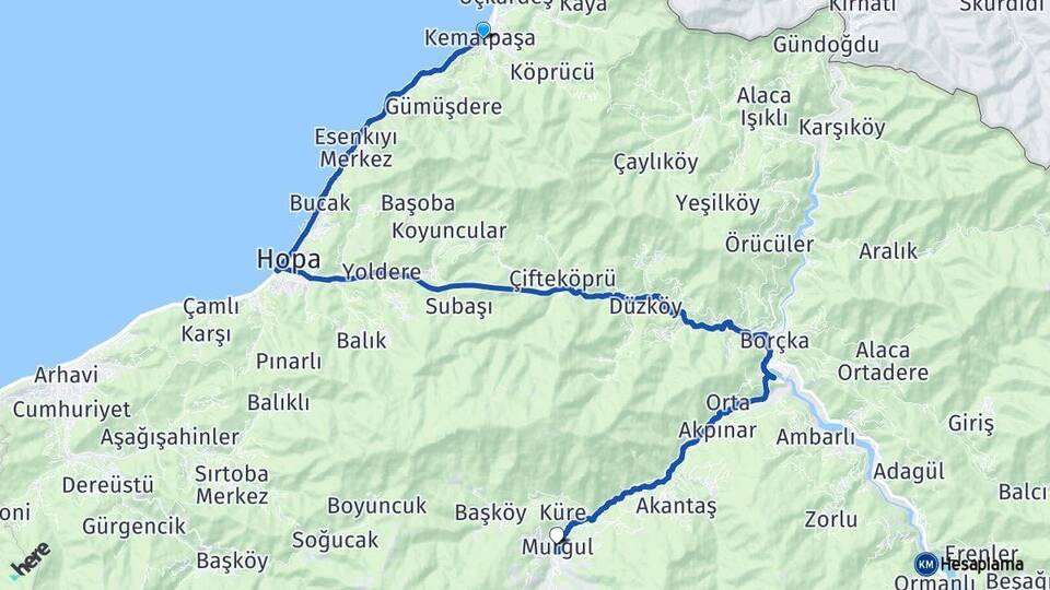 Artvin Kemalpaşa Murgul Arası Kaç Km - Yol Haritası